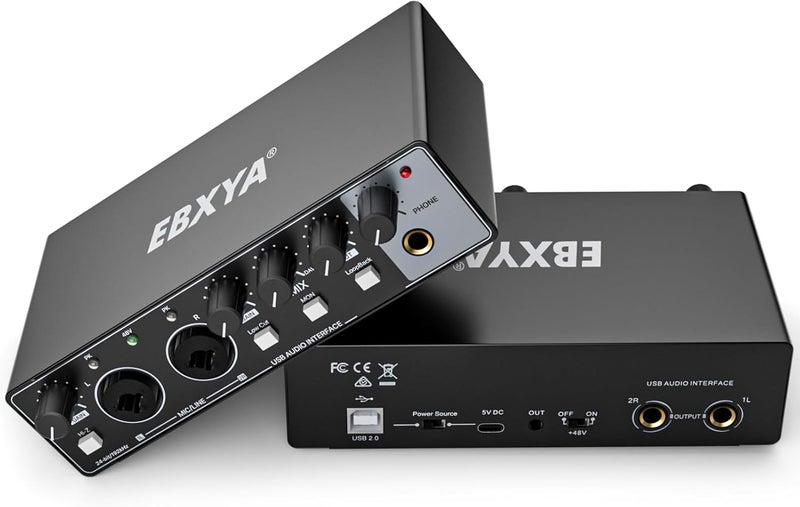 EBXYA 2x2 Audio Interface for Recording Music, 24-bit/192kHz Plug and Play USB Interface for PC and Mac, Studio, Guitar, Podcast, Streaming(Metallic Black) - Image 1